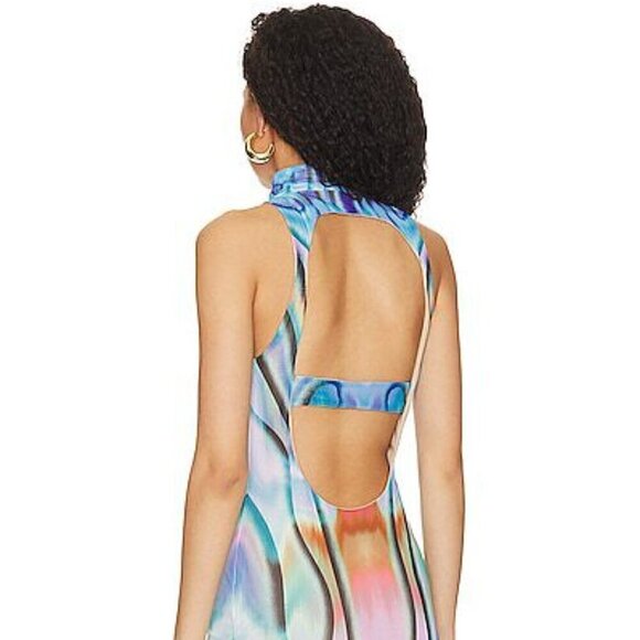 NWT AFRM Serenity violet watercolor turtleneck backless mesh sheath max… - Picture 7 of 14